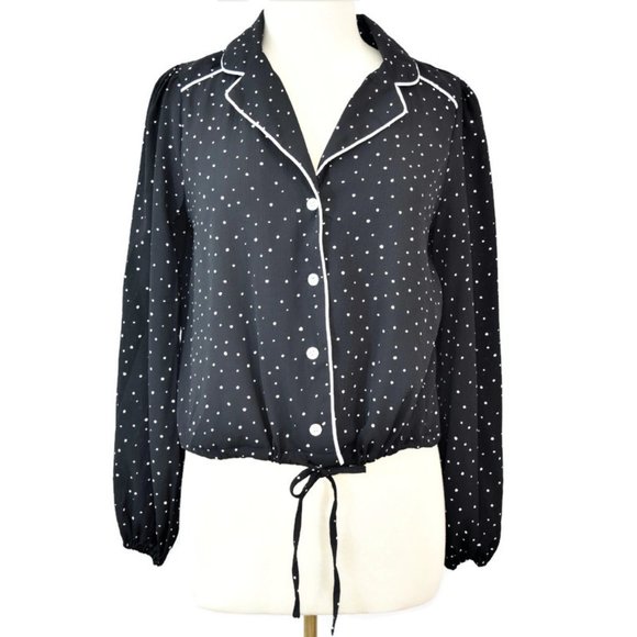 Fanco Lightweight Polka Dot Button Up Drawstring Jacket Blouse Western Black L - Picture 2 of 13